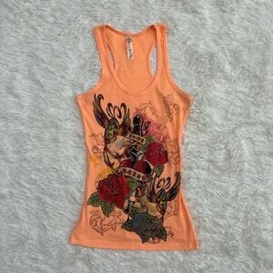 MISS PINKY Y2K Style Womens orange tank top with a colorful tattoo graphic print